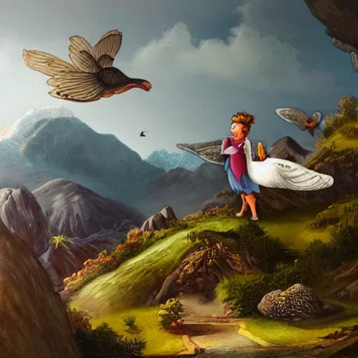 Prompt: two princes and a princess flying on a giant pigeon in the distance, landscape illustration, beautiful mountains in the distance, fairy-tale illustration, high detail - n 5