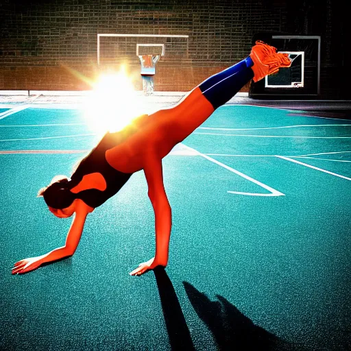 Image similar to a girl doing a handstand on the school basketball court, digital art, lens flare