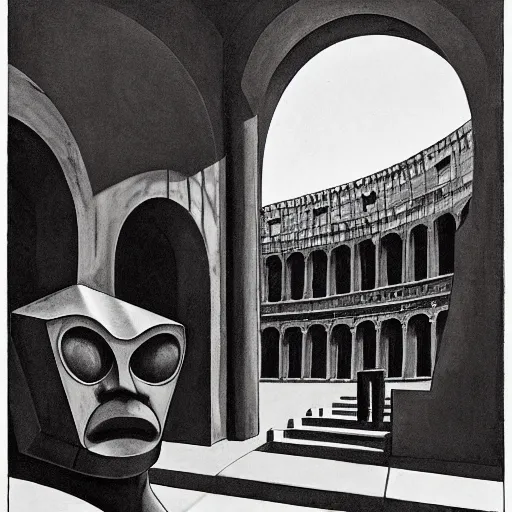 Image similar to a weeping robot in the center of a brutalist courtyard, surrounded by cloaked disciples in masks, colosseum interior, by PJ Crook and Edward Hopper