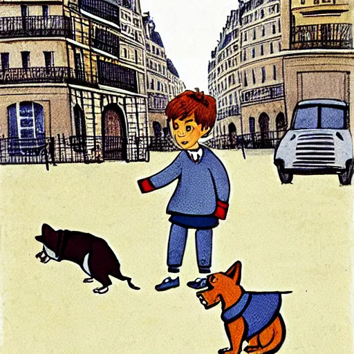 Image similar to book illustration of a french boy on the streets of paris playing football against a corgi, the dog is wearing a polka dot scarf, 1 9 6 6