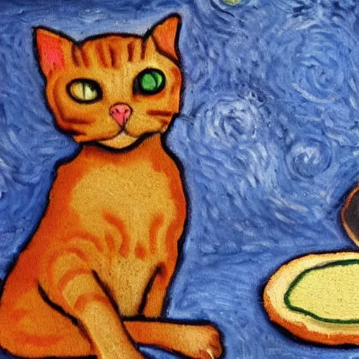 Prompt: an oil painting of a cat baking cookies in the style of van gogh, matisse, caravaggio and raphael