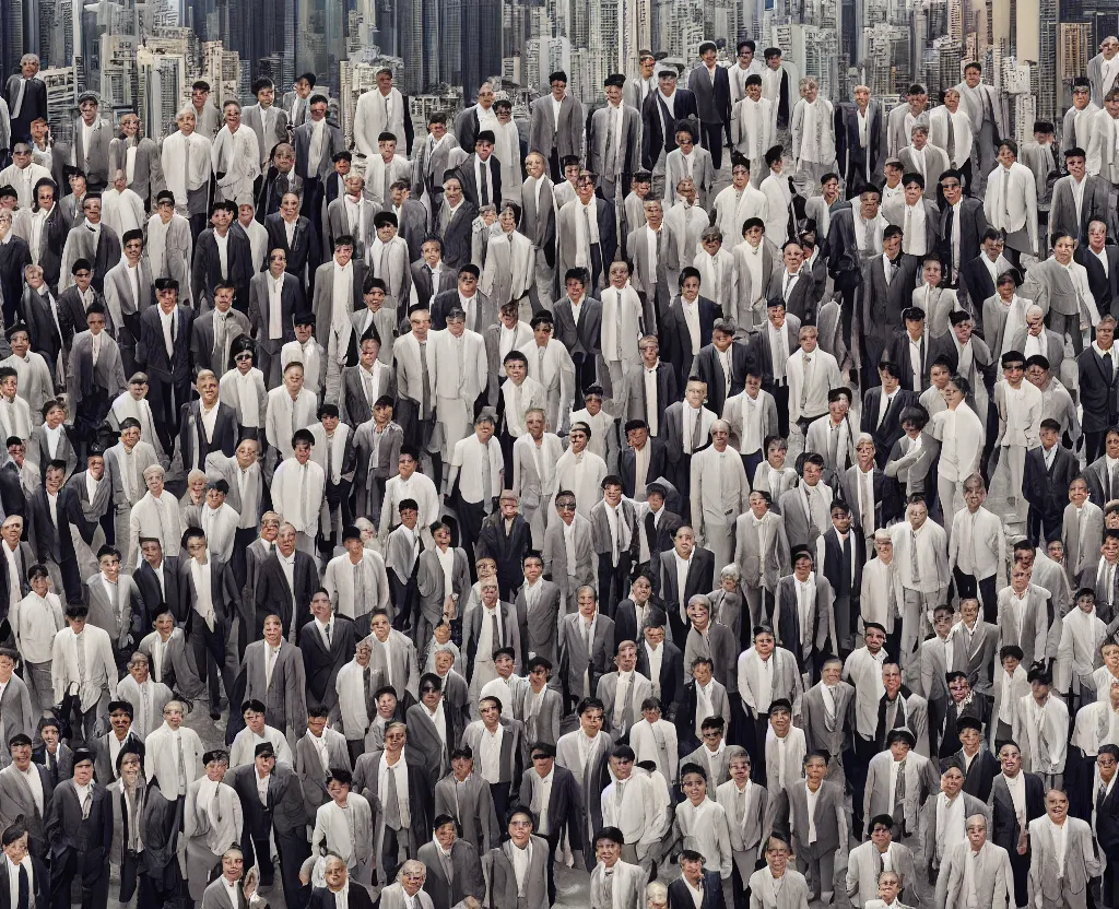 Prompt: business men group by jimmy nelson. on a roof in center hong kong