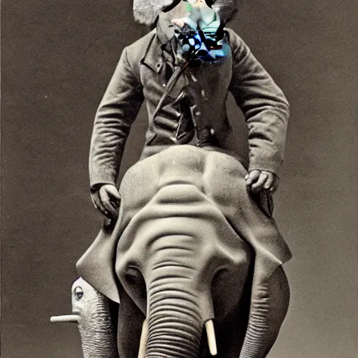 Prompt: John Merrick riding an elephant