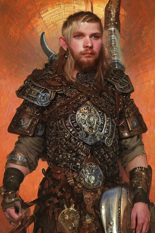 Prompt: portrait of a young cyberpunk viking man wearing a warrior armor, fantasy, regal, fractal crystal, fractal gems, by stanley artgerm lau, greg rutkowski, thomas kindkade, alphonse mucha, loish, norman rockwell.