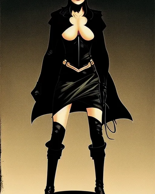 Image similar to rafael albuquerque comic art, peter mohrbacher, steve niles, phil noto, artgerm, pretty phoebe tonkin dark witch black dress, symmetrical eyes, black leather jacket, jeans, long blonde hair