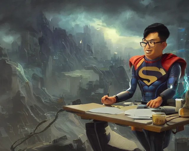 Image similar to an insanely detailed painting of a nerdy asian man wearing a superhero costume, sitting at a desk, staring at the nervously at the computer and typing, in the style of peter mohrbacher, dramatic lighting and composition, surreal background, octane render, pixar, trending on artstation, concept art, comic book, view from behind