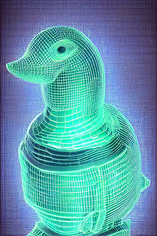 Prompt: robot duck concept portrait, lcd neon 3 d fractal metallic ceramic, detailed, sharp focus, pastel, intricate, realistic, smooth, volumetric lighting, digital painting, by miyazaki