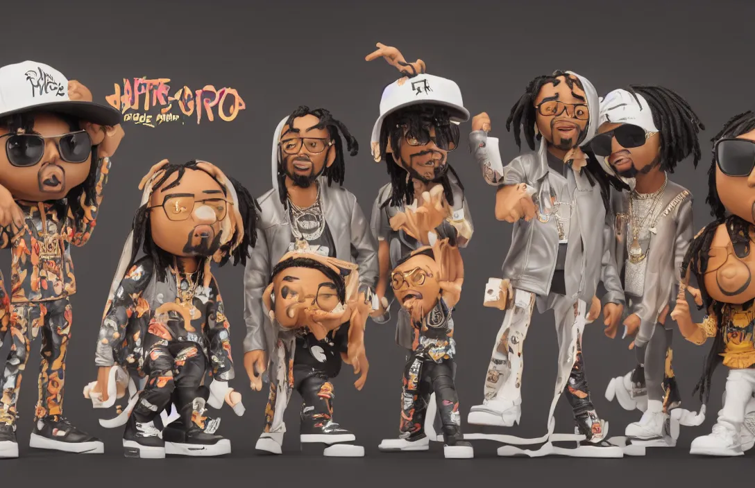 Prompt: funko pop of rap group migos members quavo, offset and takeoff, product shot, macro, hyper realistic, octane render, unreal engine, 4 k, 8 k