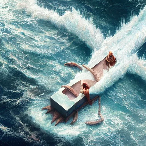 Prompt: Moses in the middle of the sea splitting it in two and crossing dry , Greg rutkowski, Trending artstation, cinematográfica, digital Art