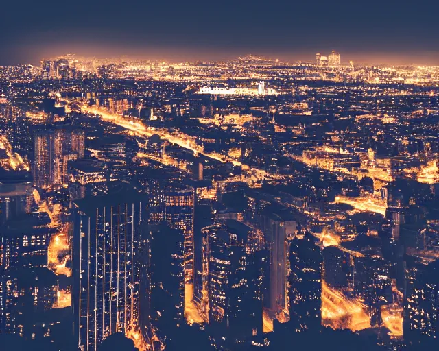 Image similar to a view of a city from a distance at night, a matte painting by konstantinas ciurlionis, featured on unsplash, synchromism, photo taken with nikon d 7 5 0, high dynamic range, nightscape