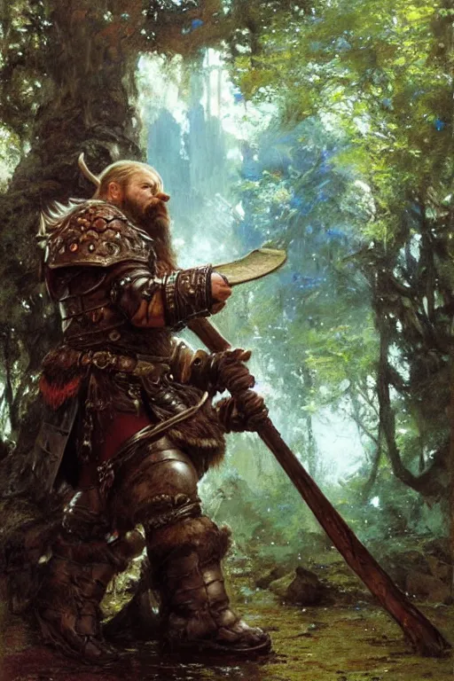 Image similar to dwarf in leather armour in a fantasy forest, holding a large stone axe portrait dnd, painting by gaston bussiere, craig mullins, greg rutkowski, yoji shinkawa