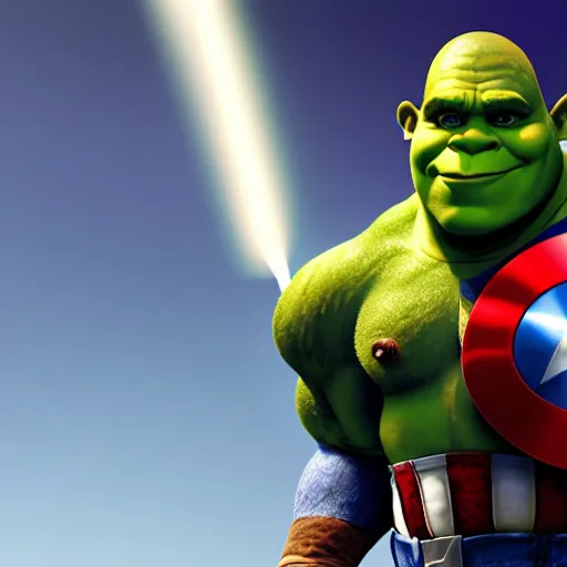 Image similar to digital painting of Shrek as Captain America, octane render, volumetric lightening, by marvel