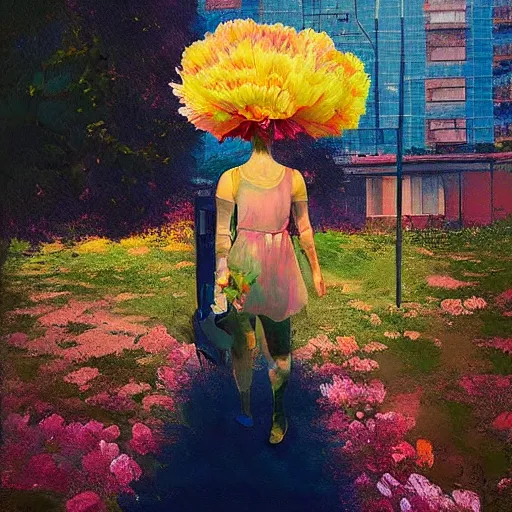 Image similar to giant carnation flower head, woman walking between luxury apartments, surreal photography, sunlight, impressionist painting, digital painting, artstation, simon stalenhag