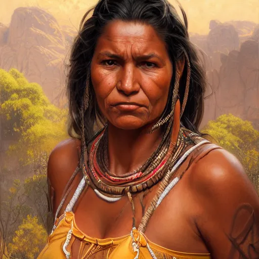 Image similar to an portrait of an happy female aboriginal, detailed, centered, digital painting, artstation, concept art, donato giancola, Joseph Christian Leyendecker, WLOP, Boris Vallejo, Breathtaking, 8k resolution, extremely detailed, beautiful, establishing shot, artistic, hyperrealistic, beautiful face, octane render