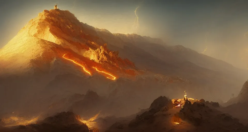 Image similar to between desert and mountain, city, islamic architecture, gold desert, dark mountain with lava, thunderstorm, fantasy, art by joseph leyendecker, peter mohrbacher, ivan aivazovsky, ruan jia, reza afshar, marc simonetti, alphonse mucha