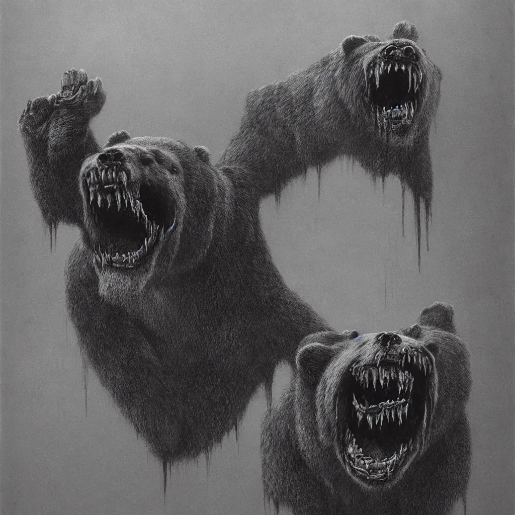 Prompt: horrifying bear, fangs, style of zdislaw beksinski