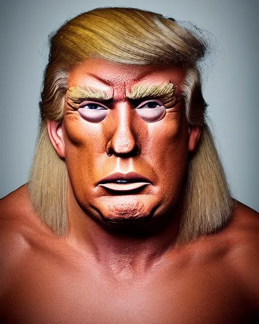 Prompt: a portrait photograph of Donald Trump as a neanderthal, DSLR photography