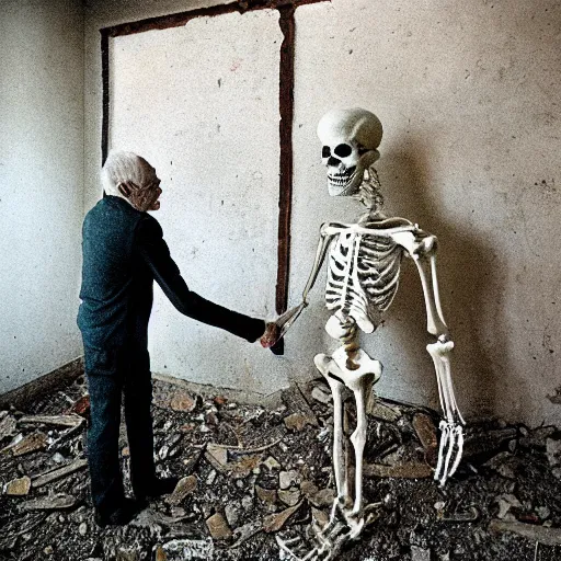 Prompt: an old man shaking hands with a skeleton in an abandoned building, liminal, gothic, eerie, intricate, detailed, award winning photograph, cinestill 8 0 0 t,