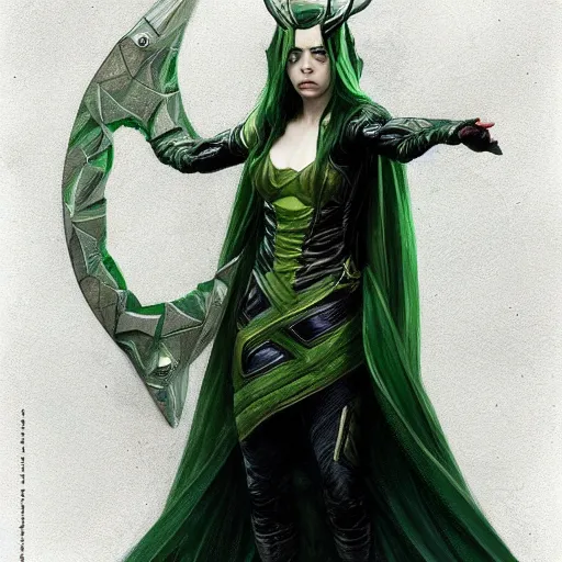 Image similar to Billie Eilish as Female Loki, very detailed, digital art, trending on artstation, concept art, smooth, illustration, art by artgerm and greg rutkowski and alphonse mucha and J. C. Leyendecker and Edmund Blair Leighton and Katsuhiro Otomo and Geof Darrow and Phil hale and Ashley wood