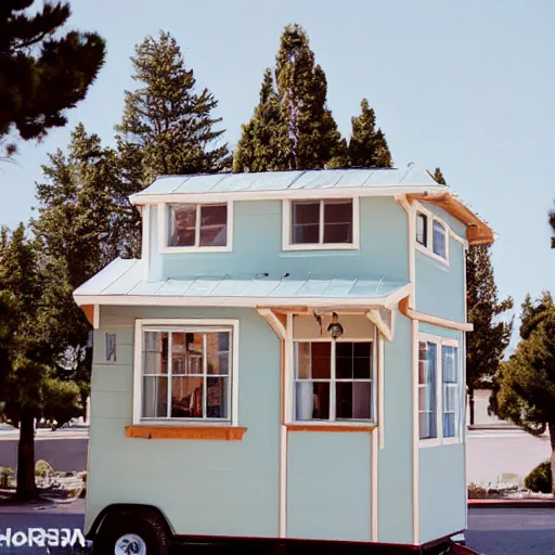 Prompt: Hearst Castle as a tiny home, able to be transported on a trailer. Photographed with Leica Summilux-M 24 mm lens, ISO 100, f/8, Portra 400