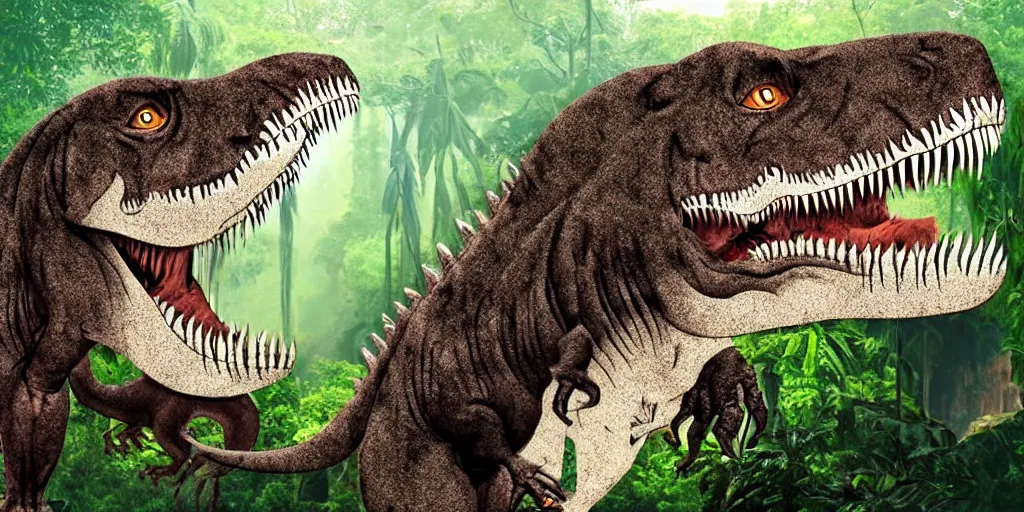 Image similar to tyrannosaurus rex with a cat's head, jungle background