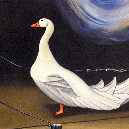 Prompt: a goose being pulled into another dimension and getting stretching through time