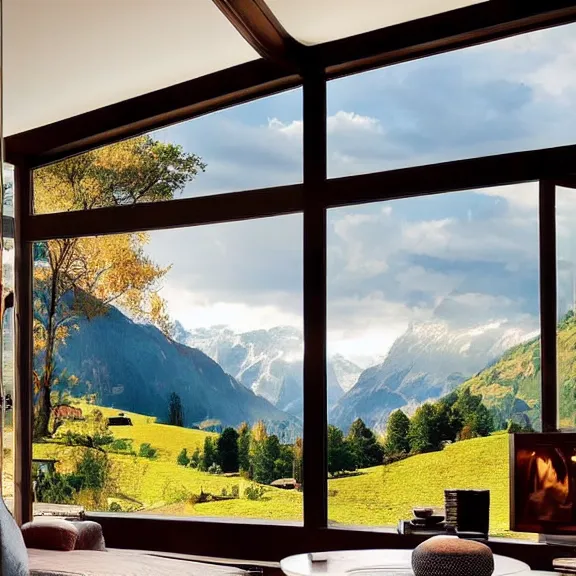 Image similar to fantastical living room with switzerland landscape in the window