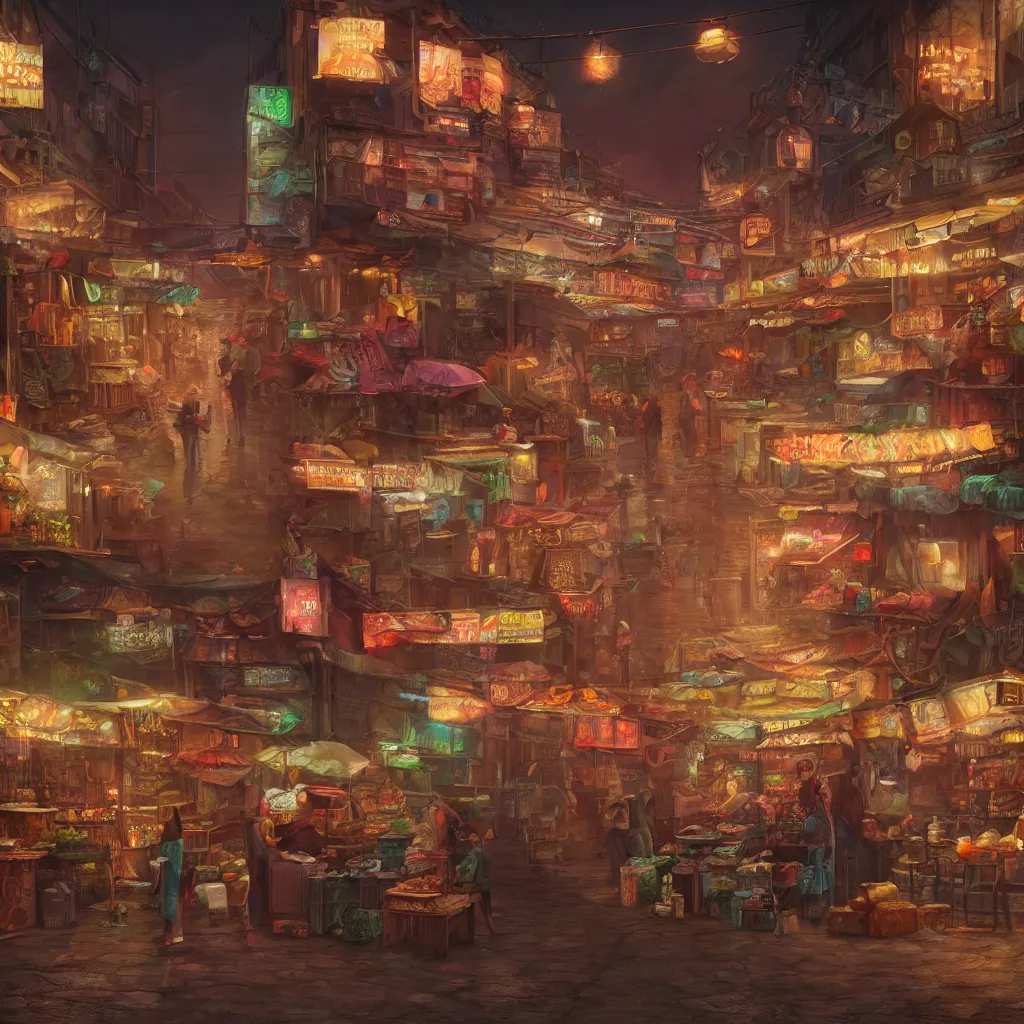 Image similar to A beautiful hyper realistic detailed matte painting of an alleyway market with dimmed neon lighting , trending on artstation, artstationHD, artstationHQ, unreal engine