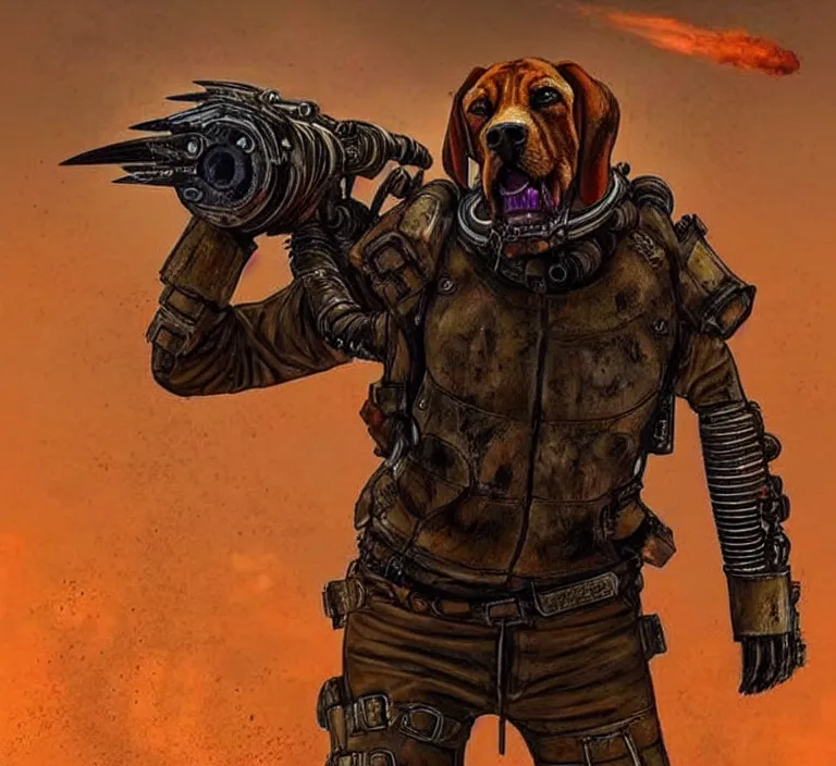 Image similar to a good ol'bloodhound pup fursona ( from the furry fandom ), heavily armed and armored facing down armageddon in a dark and gritty version from the makers of mad max : fury road. witness me.