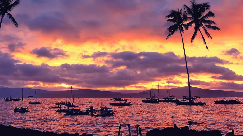 Prompt: Paisible sunset at Lahaina Maui, some boats, a few birds in the sky, sharp focus, illustration, paisible night lighting, incredible Photography wild angle 35mm