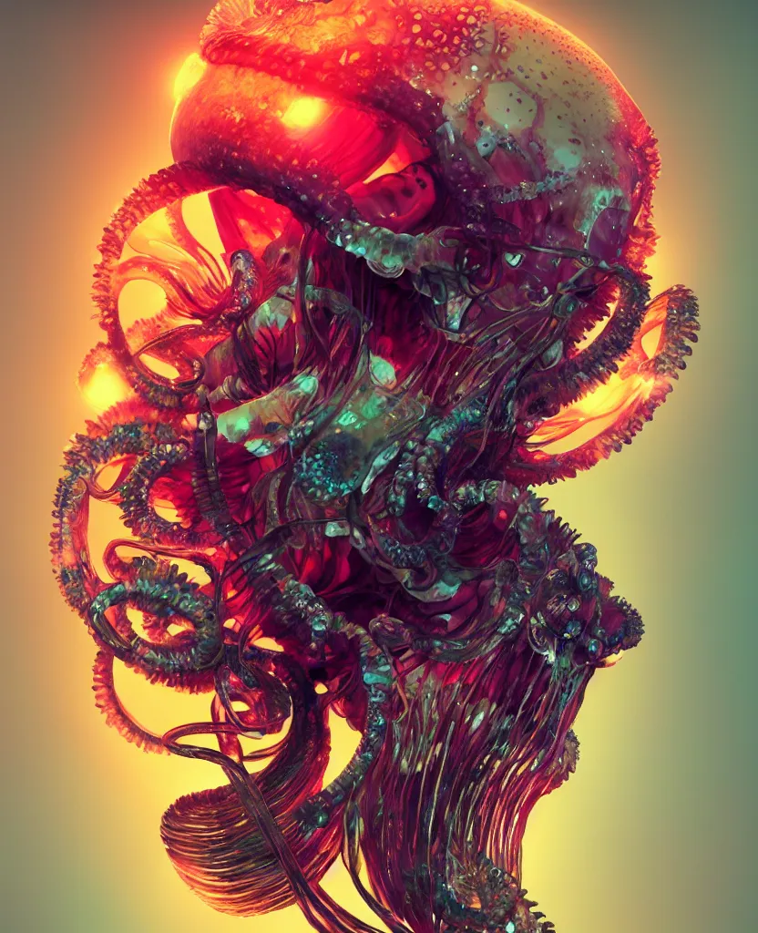 Image similar to goddess close-up portrait animal skull. jellyfish phoenix head, nautilus, orchid, skull, betta fish, bioluminiscent creatures, intricate artwork by Tooth Wu and wlop and beeple. octane render, trending on artstation, greg rutkowski very coherent symmetrical artwork. cinematic, hyper realism, high detail, octane render, 8k