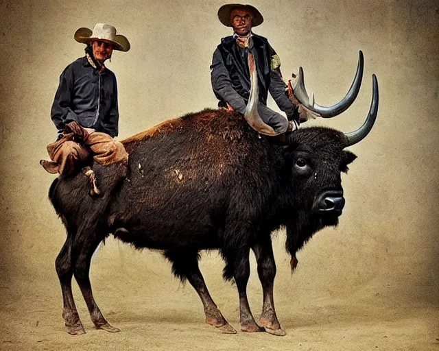 Prompt: incredible strange evocative artwork of buffalo hunters, buffalo midnight, l in the style of tim walker fashion photography, legend of buffalo hunters