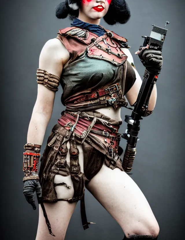 Image similar to full length photograph of a real - life very beautiful atompunk warrior. extremely detailed. dslr. 8 5 mm.