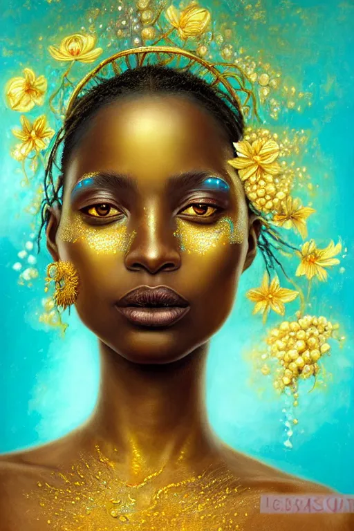 Image similar to hyperrealistic neo - symbolist cinematic very beautiful! oshun goddess with gold eyes, yoruba paint, droplet armor, water lips, gold flowers, highly detailed digital art masterpiece, smooth etienne sandorfi eric zener dramatic pearlescent soft teal light, ground angle uhd 8 k, sharp focus