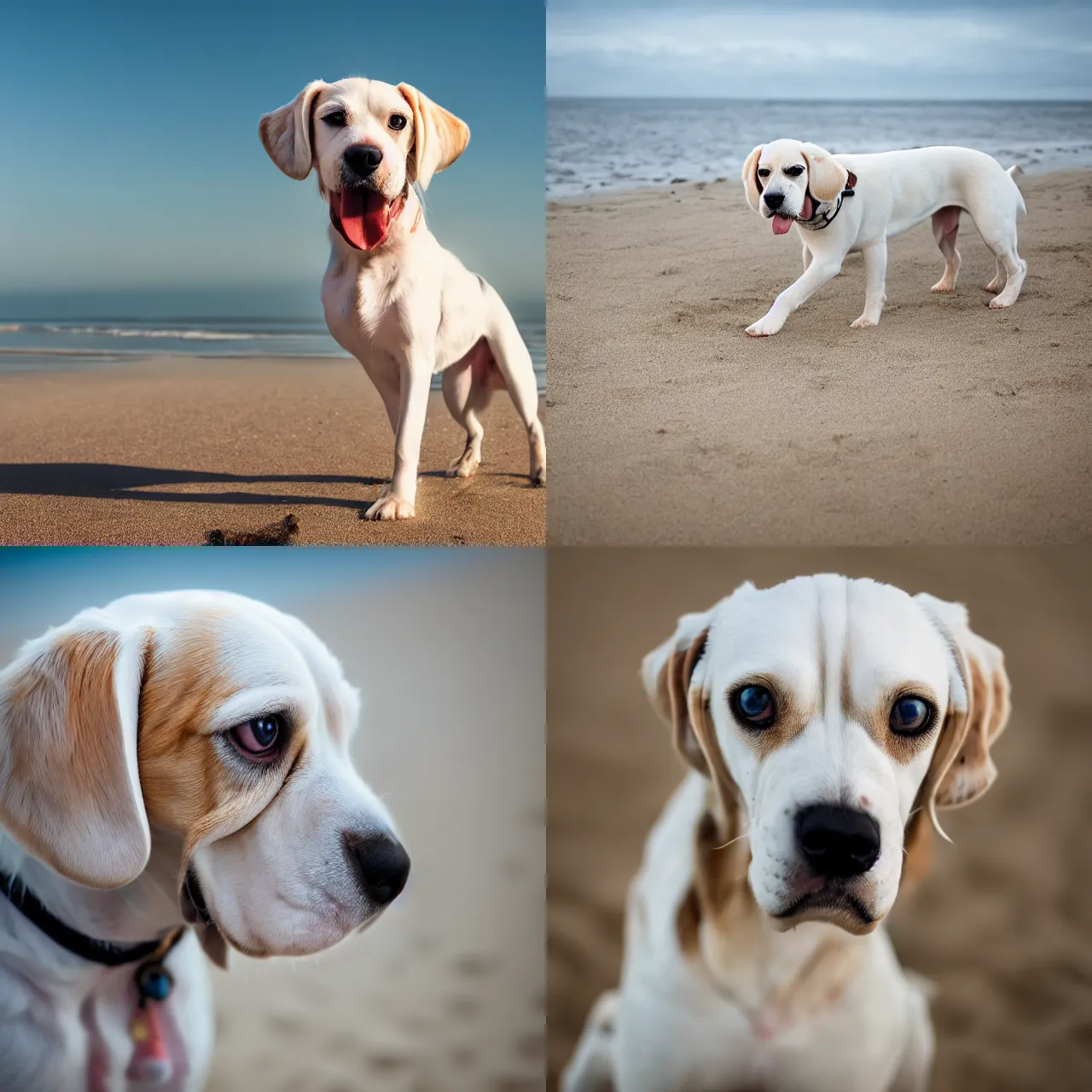 Prompt: white beagle dog with brown head and one spot on beach, hyper realism, cinematic, volumetric lighting, sunlight, high detail, 8k, depth of field, professional photo, photorealistic,