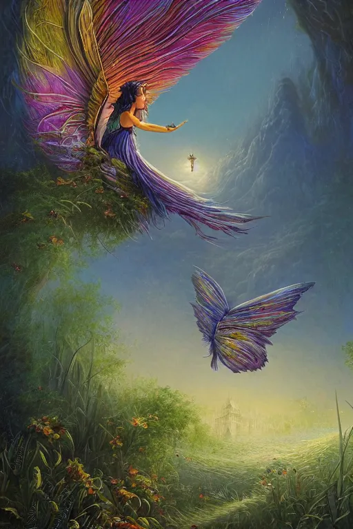 Prompt: wonderdream faeries lady feather wing digital art painting fantasy by hubert robert and lee madgwick and roger dean and jacek yerka, dan mumford and alex grey style, soft lighting, 4 k hd wallpaper illustration character design concept colorful joy atmospheric lighting butterfly