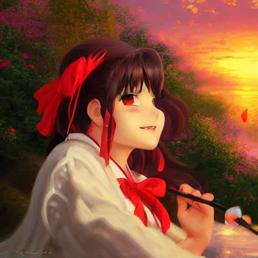 Prompt: reimu hakurei from touhou watching the sunset, by wlop, by thomas kinkade, expressive oil painting, matte art