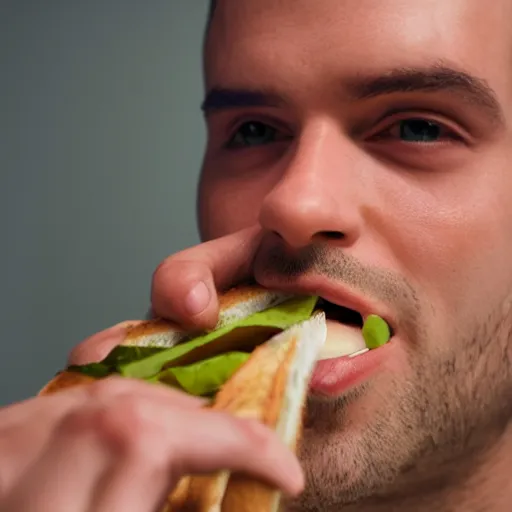 Image similar to A man eating a sandwich, close-up imagery, photorealistic, fisheye lens, trending on artstation, 4k, 8k