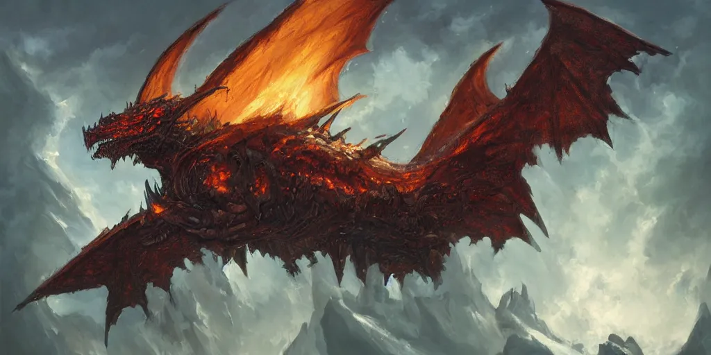 Image similar to oil painting of one deathwing dragon from world of warcraft flying down on earth by greg rutkowski, closed up view