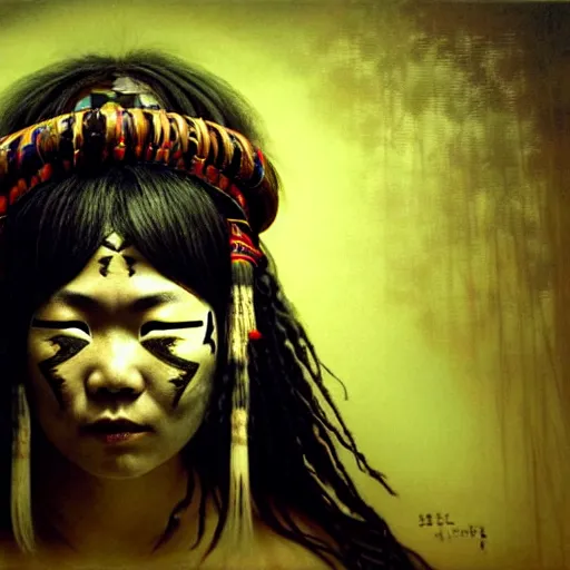 Image similar to A young blindfolded shaman japanese woman with a decorated headband performing a pagan ritual, in the style of heilung, blue hair dreadlocks and wood on her head, tribal piercing and tatoos , atmospheric lighting, intricate detail, cgsociety, ambient light, dynamic lighting, art by karol bak