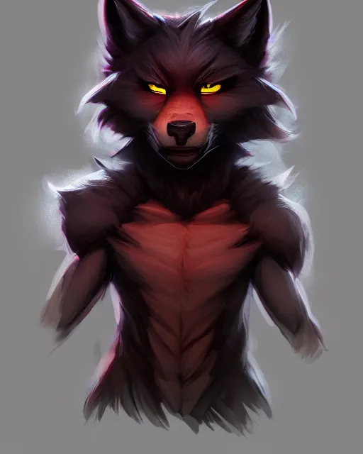 Image similar to character concept art of a black anthropomorphic male furry wolf long red hair | | cute - fine - face, pretty face, key visual, realistic shaded perfect face, fine details by stanley artgerm lau, wlop, rossdraws, james jean, andrei riabovitchev, marc simonetti, and sakimichan, trending on artstation