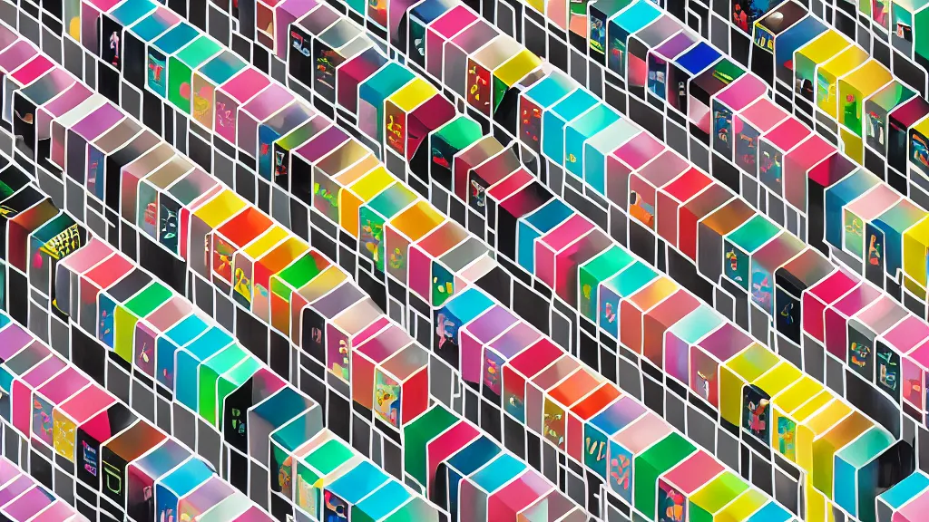 Image similar to a flashy row of vending machines, japan, a collage painting, in the style of wes anderson, lola dupre, david hockney, isolated on negative white space background dark monochrome neon spraypaint accents volumetric octane render