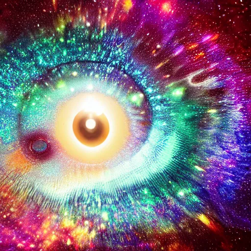 Image similar to galaxy and nebula and space inside of hyper realistic human eye, highly detailed, beautiful, intricate, colour, 4 k hd octane render,