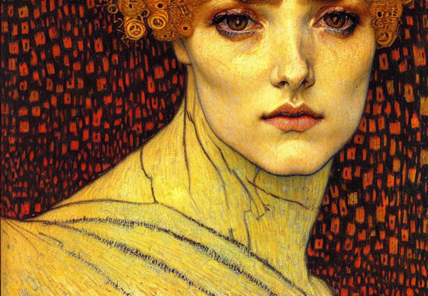 Image similar to detailed realistic beautiful young medieval queen face portrait by jean delville, gustav klimt and vincent van gogh, art nouveau, symbolist, visionary, gothic, pre - raphaelite, muted earthy colors, desaturated