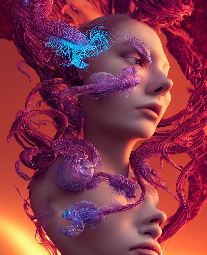 Image similar to goddess close-up portrait. chimera orchid jellyfish phoenix head, nautilus, skull, betta fish, bioluminiscent creatures, intricate artwork by Tooth Wu and wlop and beeple. octane render, trending on artstation, greg rutkowski very coherent symmetrical artwork. cinematic, hyper realism, high detail, octane render, 8k