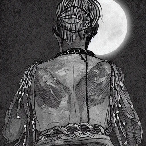 Image similar to A PORTRAIT FROM BEHIND OF A SAMURAI MAN VAGABOND WITH A MOON BEHIND HIM ,THE SAMURAI IS WRAPPED IN CHAINS ,detailed, concept art, ink style , sketch