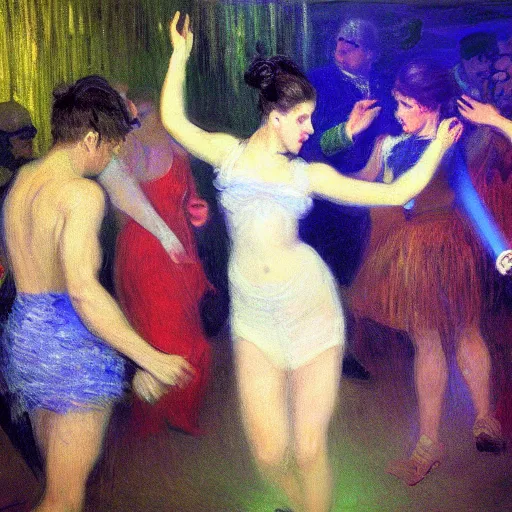 Image similar to young people dancing and drinking in a nightclub, partylights, beautiful people, by monet, trending on artstation