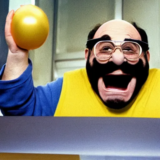 Prompt: danny devito playing wario in a live action film, still frames