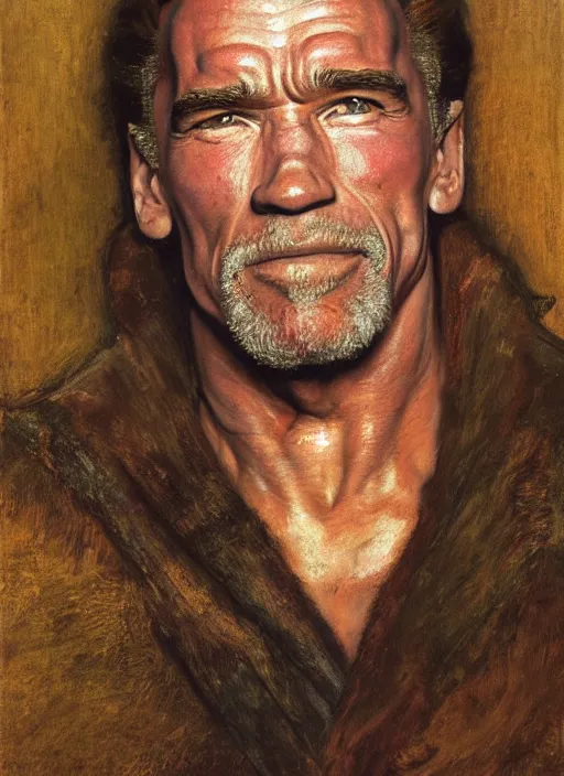 Prompt: a beautiful painting of arnold schwarzenegger by John Everett Millais and Dante Gabriel Rossetti and John Collier and john william waterhouse, pre-raphaelite, detailed, trending on artstation, hd, masterpiece