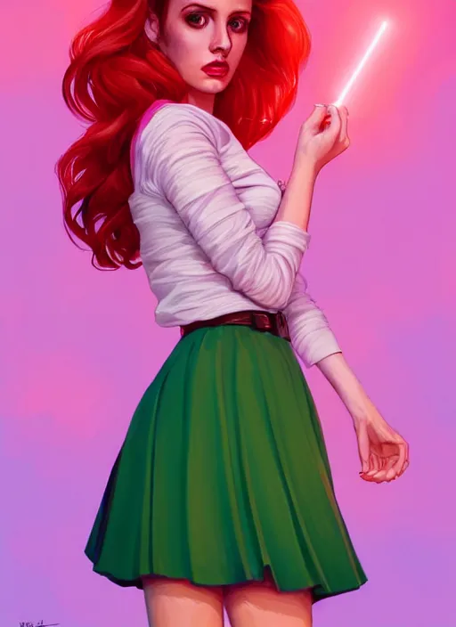 Image similar to full body portrait of teenage cheryl blossom, bangs, green eyes, sultry expression, red hair, sultry smirk, bangs and wavy hair, pink skirt, intricate, elegant, glowing lights, highly detailed, digital painting, artstation, concept art, smooth, sharp focus, illustration, art by wlop, mars ravelo and greg rutkowski